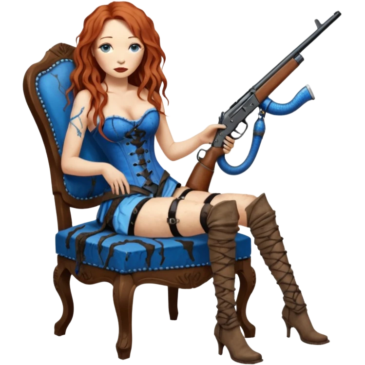 realistic cinematic Tori Amos sits on a rocking chair in a torn corset, holding an antique rifle and her bare feet are muddy. A blue snake is wrapped around the chair. emoji