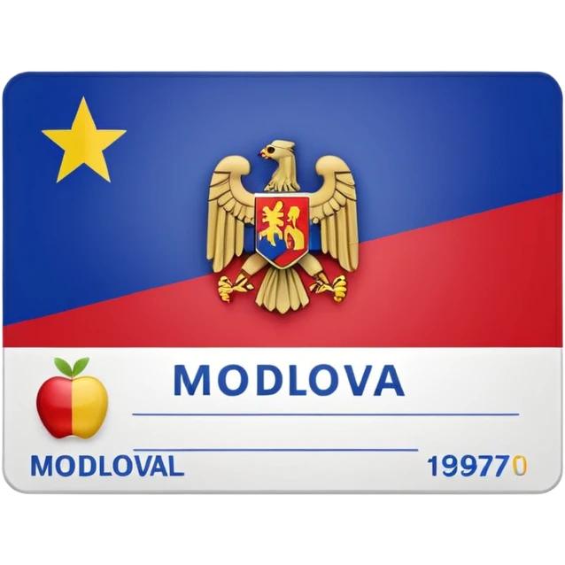 Moldova identification card for a business entity, apple emoji style, placeholder lines instead of text, featuring Moldova flag colors, generic card layout emoji