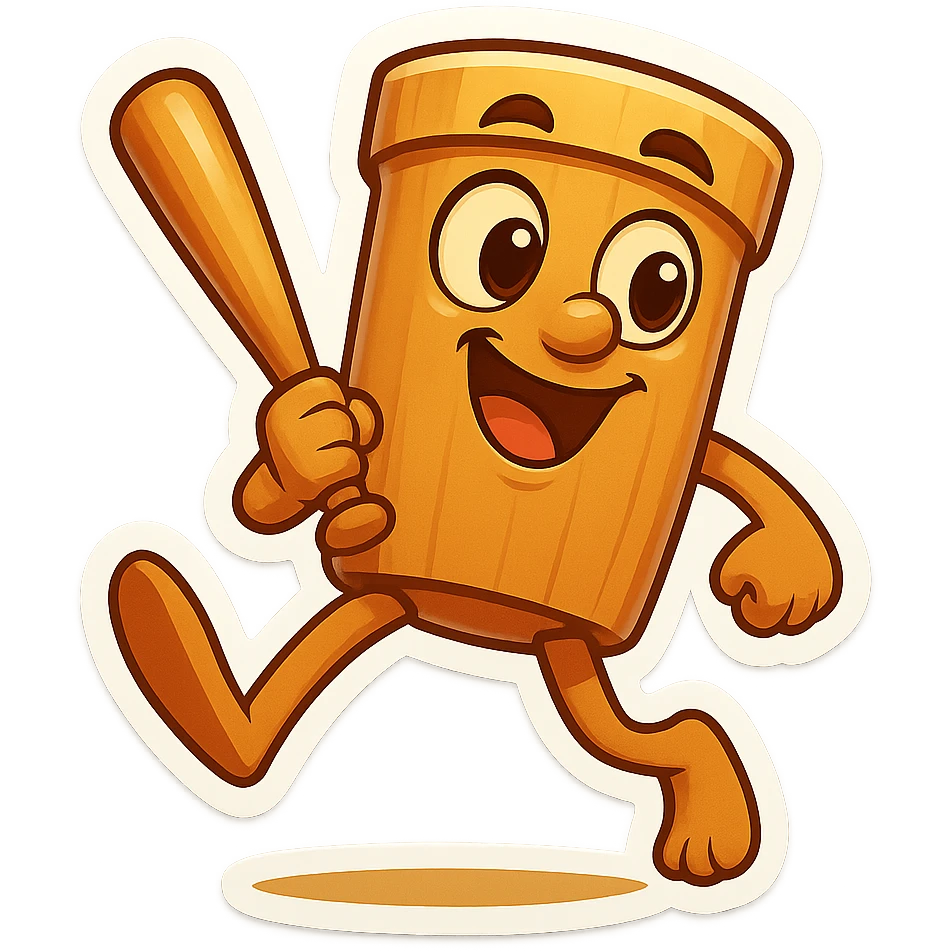 square image of absurd wooden stick-man creature, drum-like cylindrical body, holding baseball bat, cartoon style, bright vivid colors, dynamic pose,  emoji
