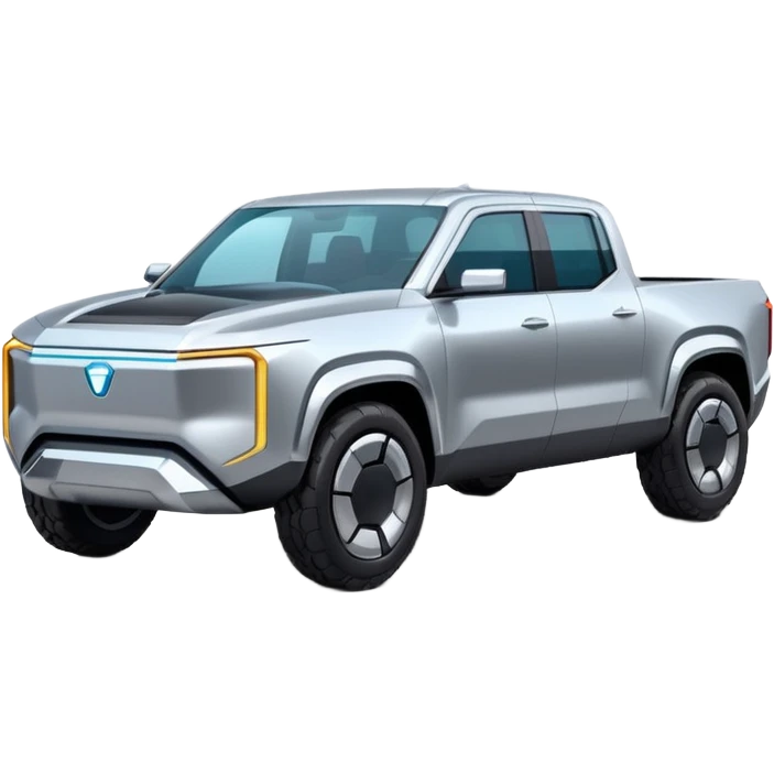 A futuristic electric pickup truck emoji, silver chrome body, angular cyber design, smooth metallic panels, subtle reflections, minimalistic proportions, iOS emoji style, centered composition, clean white background, soft lighting emoji