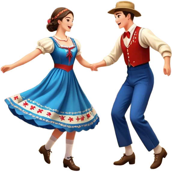 Cinematic Realistic scene of two square dancers in traditional American folk costumes, captured in joyful, coordinated motion with vibrant, rustic lighting that highlights their cultural heritage emoji