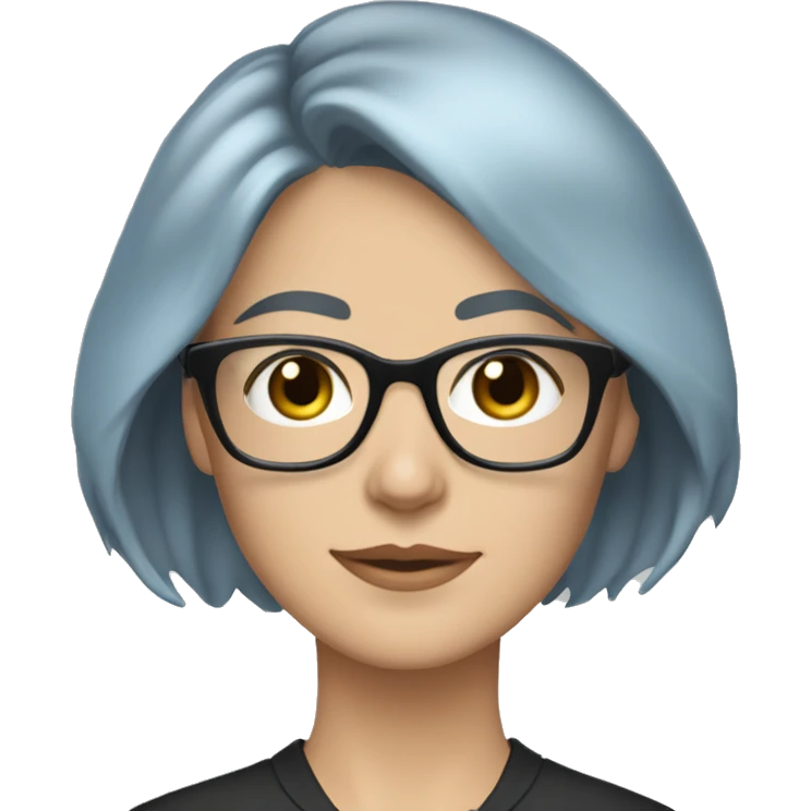 Caucasian woman with chin length layered blue hair and grey eyes wearing light grey square-shaped glasses and a black collared shirt emoji