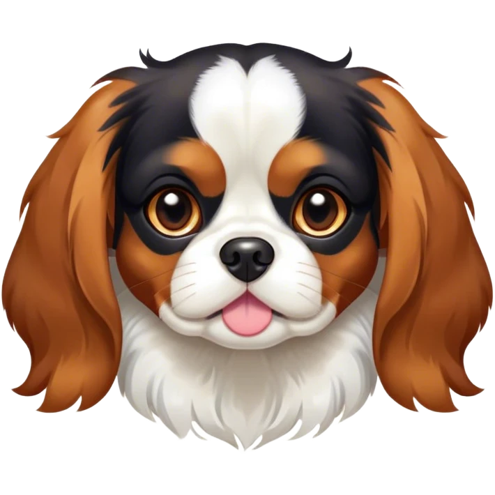 Cinematic Cute Tri-Colour Cavalier King Charles Spaniel Portrait Emoji, Head tilted playfully and inquisitively, silky tri-colour fur with vibrant black, crisp white, and warm tan patches, round, sparkling brown eyes filled with curiosity, Simplified yet irresistibly adorable features, highly detailed, glowing with a warm, friendly glow, high shine, affectionate and lively, stylized with a touch of whimsy, bright and endearing, soft glowing outline, capturing the essence of a mischievous yet loving pup, so playful it feels like it could pounce out of the screen and into your arms! emoji