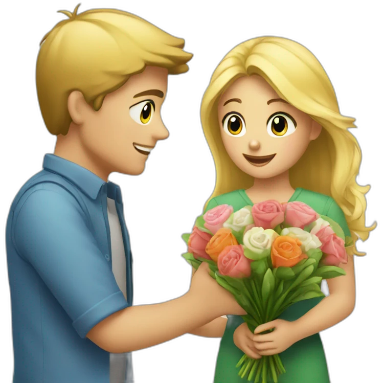 A boy who offers a bouquet of flowers to a pretty blonde emoji