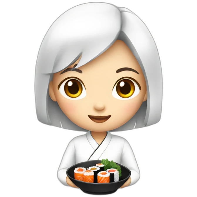 An Asian girl wearing a white top eating sushi emoji