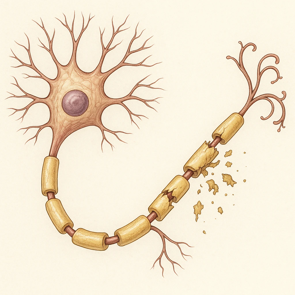 medical illustration of a neuron with its myelin sheath breaking down, detailed, clear anatomy emoji