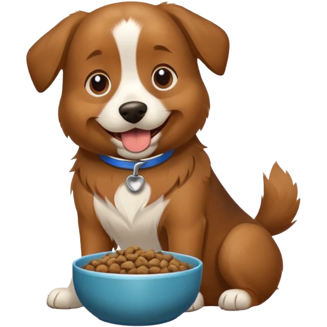 happy dog with a bowl of kibble, excited to eat emoji