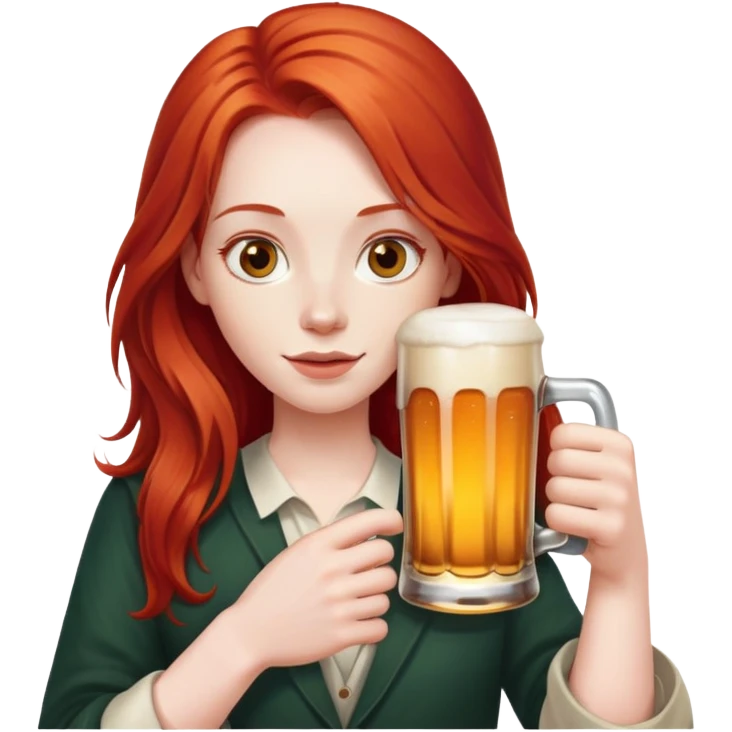 Person with long red hair holding a beer emoji