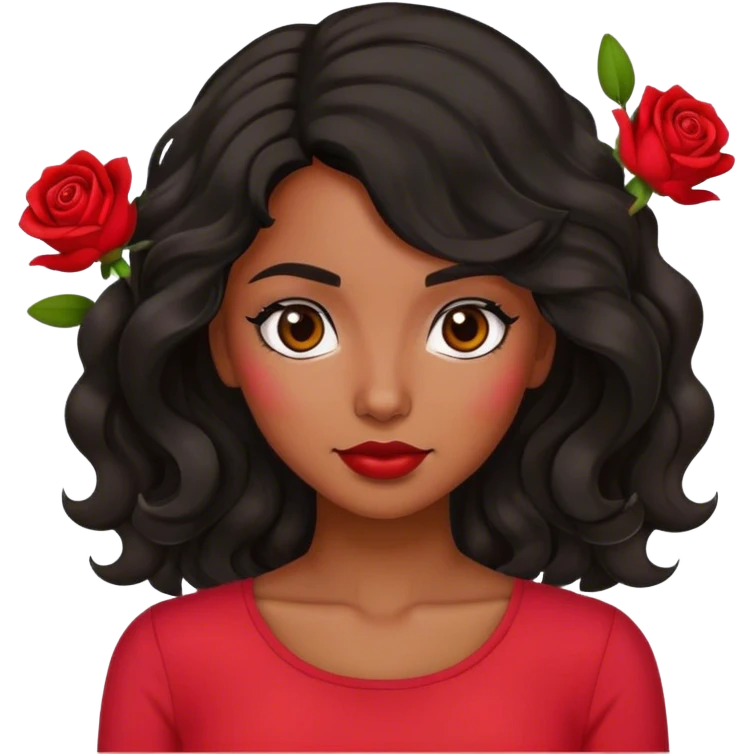 Olive brown eyed women with black wavy hair rose background red top emoji