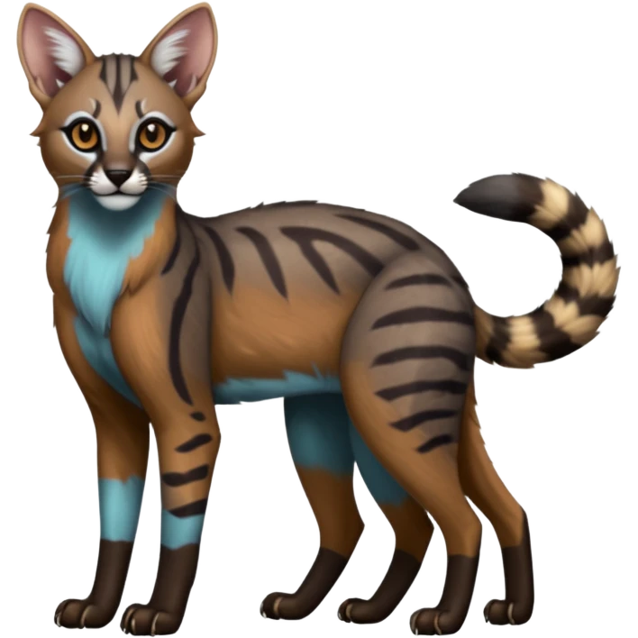 Realistic edgy bluish greyish blackish whitish silvery coppery Shiny Colorful Dusky Dark Gloomy Glossy Genet-Caracal-Lion-Bobcat-fusion-animal-hybrid-creature, full body, tufted ears, long thin tufted tail emoji