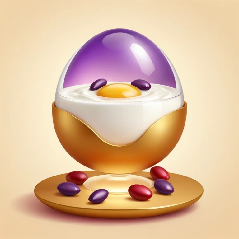 Floating orb of warm light containing mini bright icons: red meat, golden egg, purple beans, translucent tofu block and yogurt glass, slowly rotating around a radiant body figure that radiates strength and balance emoji