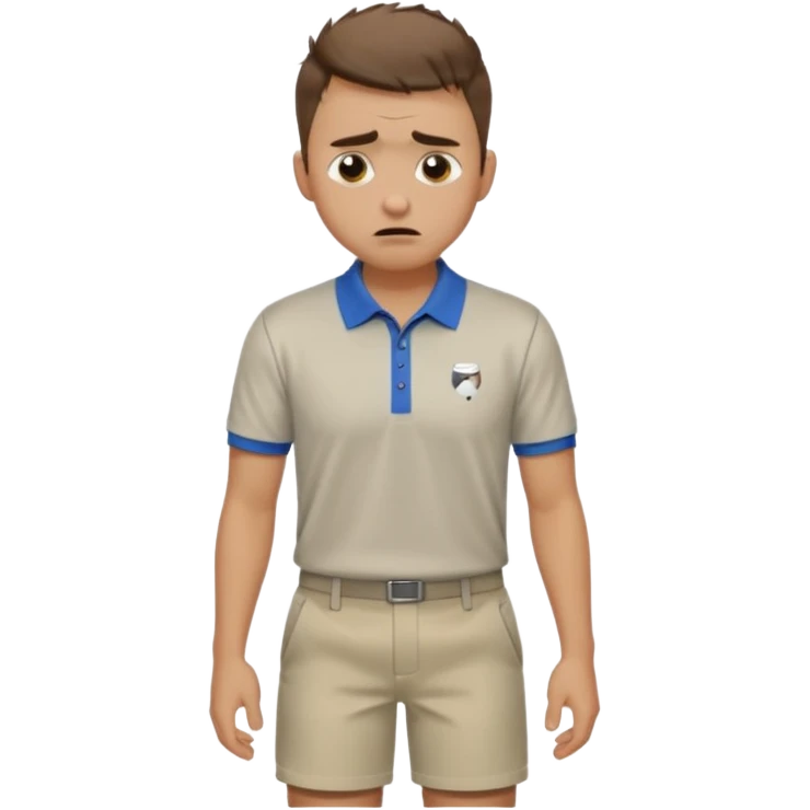 Handsome male.short brown hair.mowhawk hairstyle. wearing golf shirt and shorts.crying. garden background  emoji