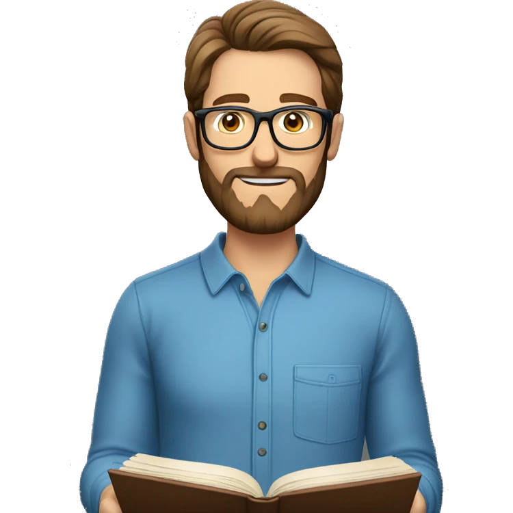 Caucasian man reading book. Brown hair, glasses, and a beard. Blue eyes and wearing a long sleeved shirt emoji