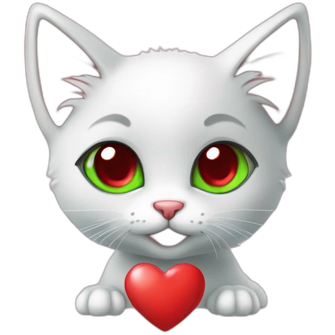 Super cute kitten with green anime eyes holding red hearts emoji