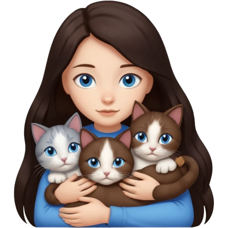 a girl with long dark 
brown hair, with blue eyes, hugs 3 different natural coloured cats emoji