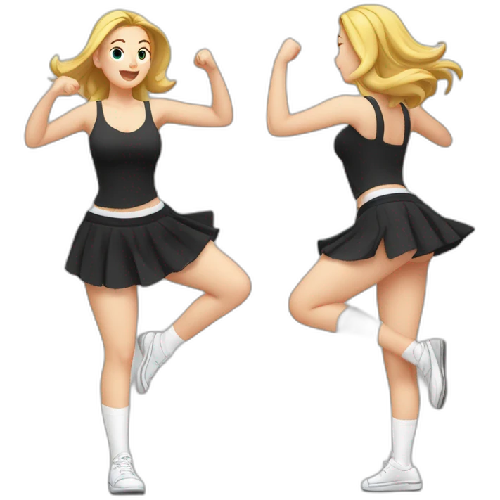 full-body-caucasian-curvy-beauty-jumping-short-black-skirt-back-and-front-views-strong-wind-knickers-long-white-socks emoji