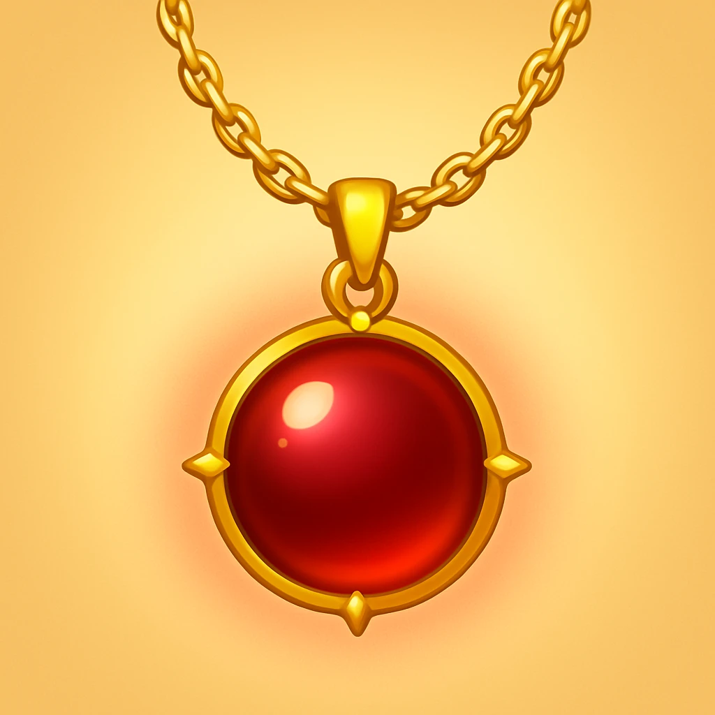 Make the garnet round and glowing wine-red, cradled by a delicate golden chain, ethereal and moving, in emoji style emoji
