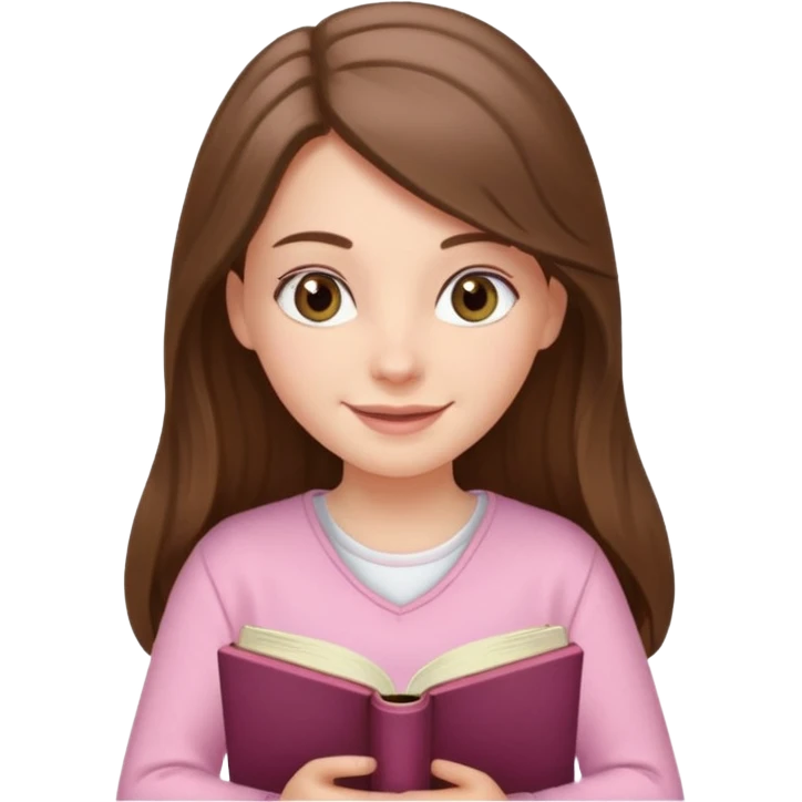 happy white long brunette hair girl with hazel eyes wearing light pink reading a book  emoji