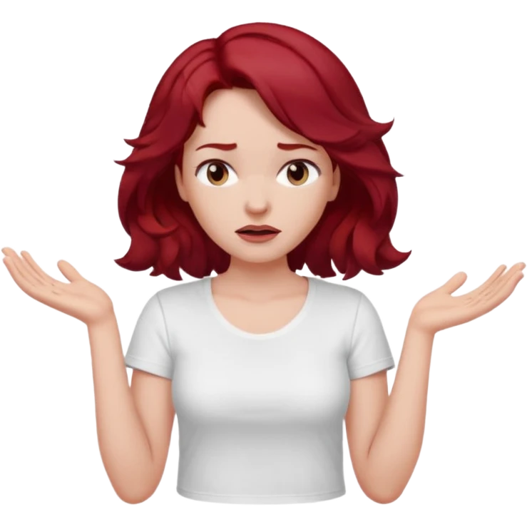woman shrugging, eyes closed, white t-shirt, dark red hair emoji