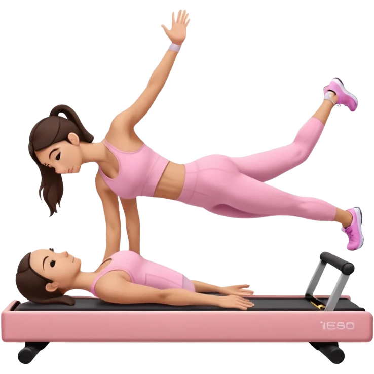 white brunette girl in light pink workout clothes doing a plank on a reformer emoji