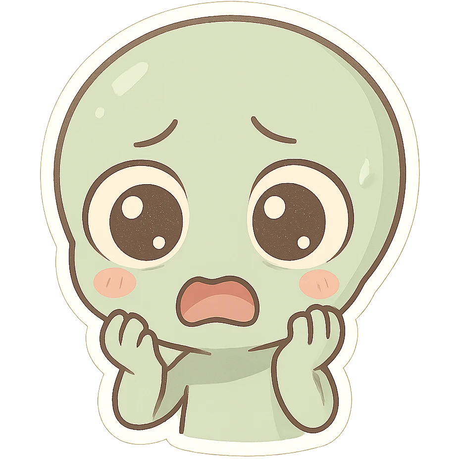 cute cartoon alien head showing fear, chibi stickers style, pale colors, wide eyes, scared expression emoji