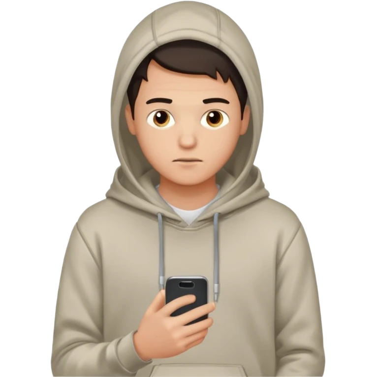 male memoji, young man in casual hoodie, holding smartphone, texting, distracted expression, casual everyday loo emoji