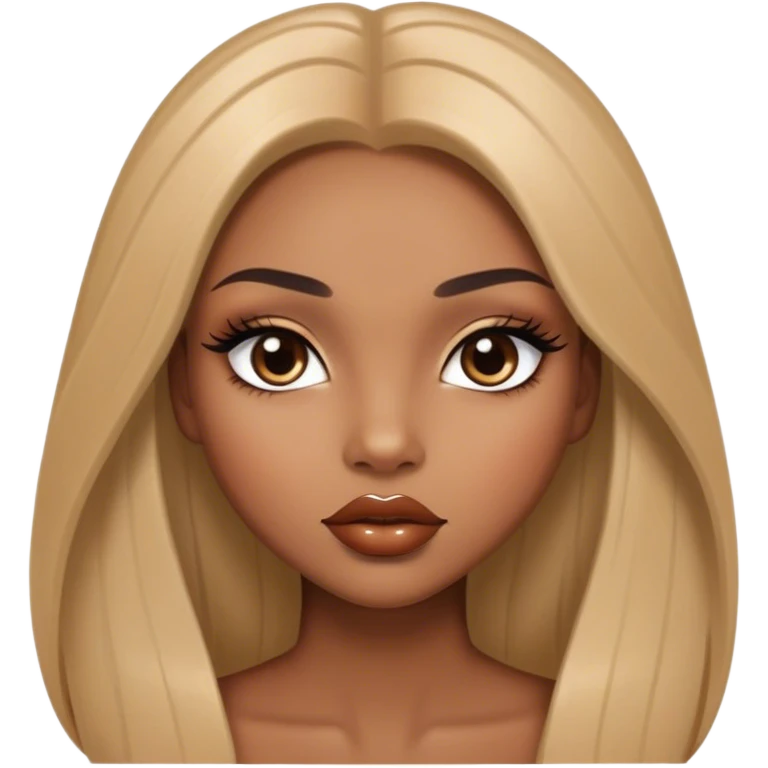 Glamourous, light brown skin tone, very beautiful girl, with big plump shiny lips, long long lashes, black straight smooth silky long hair, straight parting hair, brown eyes emoji