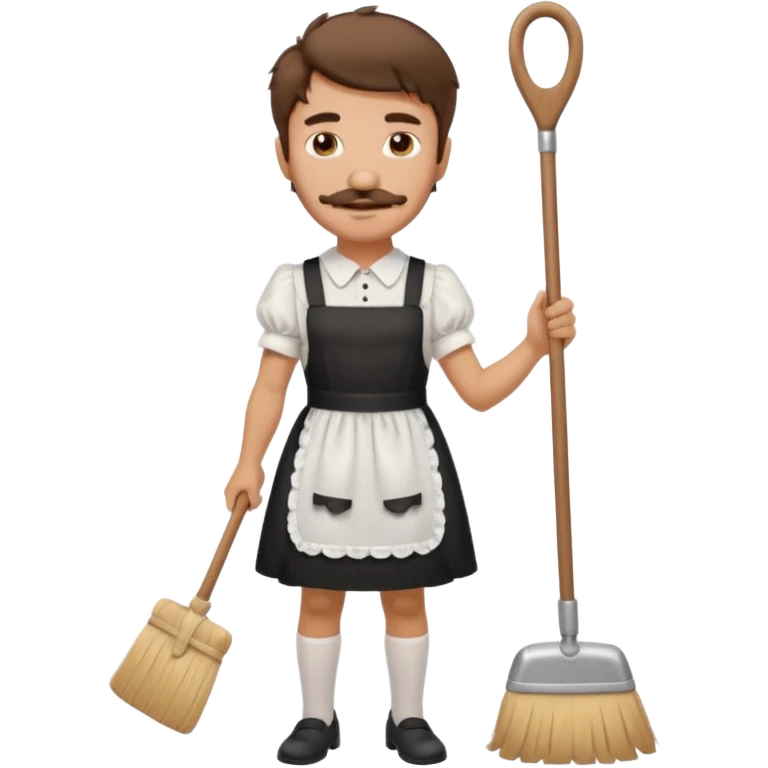 Guy with short shaggy brown hair , a mustache, wearing a cute maid dress, sweeping emoji