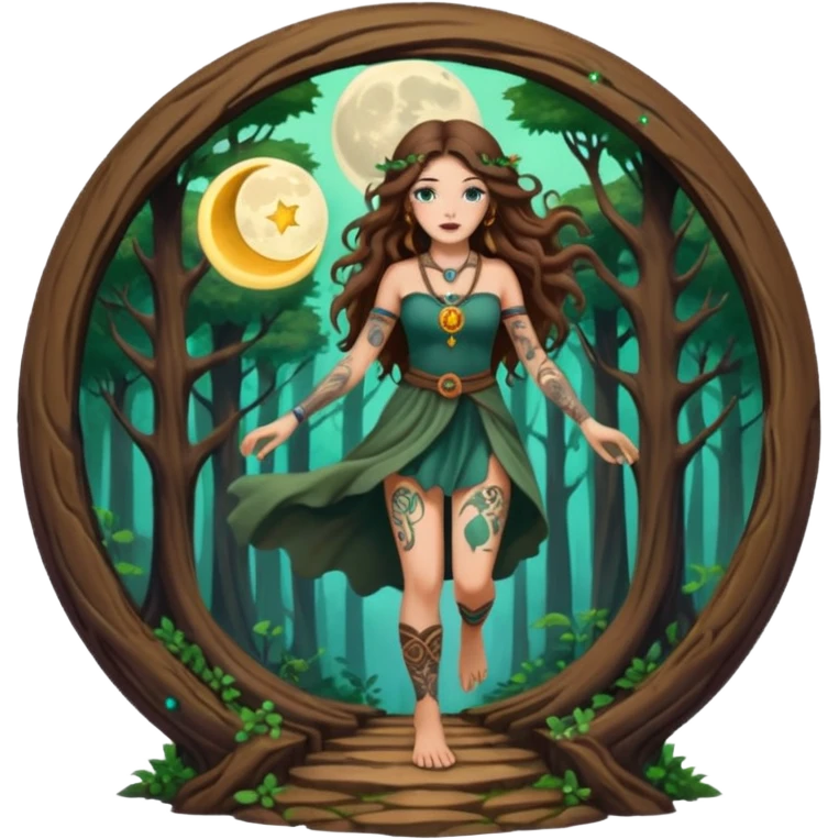forest mystic woman long wavy brown hair tattoos stepping through small moon portal emoji