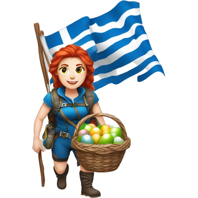 Greek Female winter mountaineer red hair white skin climbing with Greek Flag and Easter eggs basket emoji