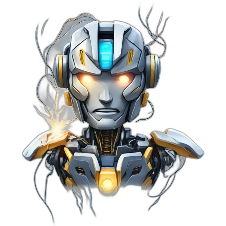 friendly transformers robot style AI with brain exposed circuit wires lightning explosion overwhelmed anime style emoji