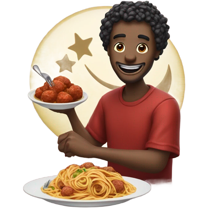 M create a crescent, moon, eating spaghetti while smiling with red sauce and meatballs with a spoon and a fork and hand and a napkin around his neck emoji