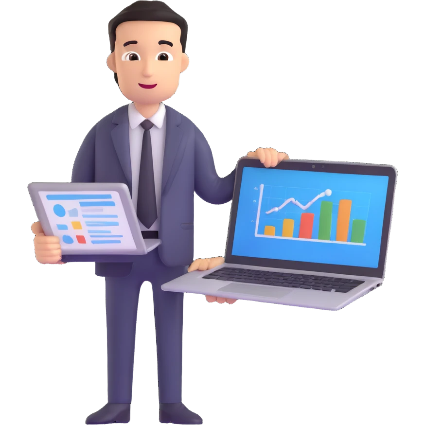successful entrepreneur with laptop and business chart emoji