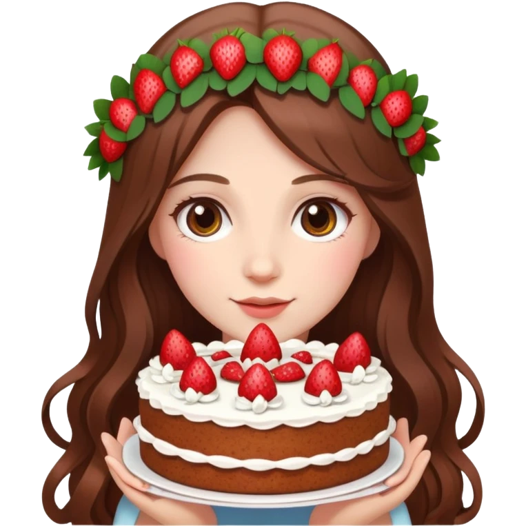 A beautiful girl with long brown hair and a wreath holding a strawberry cake emoji