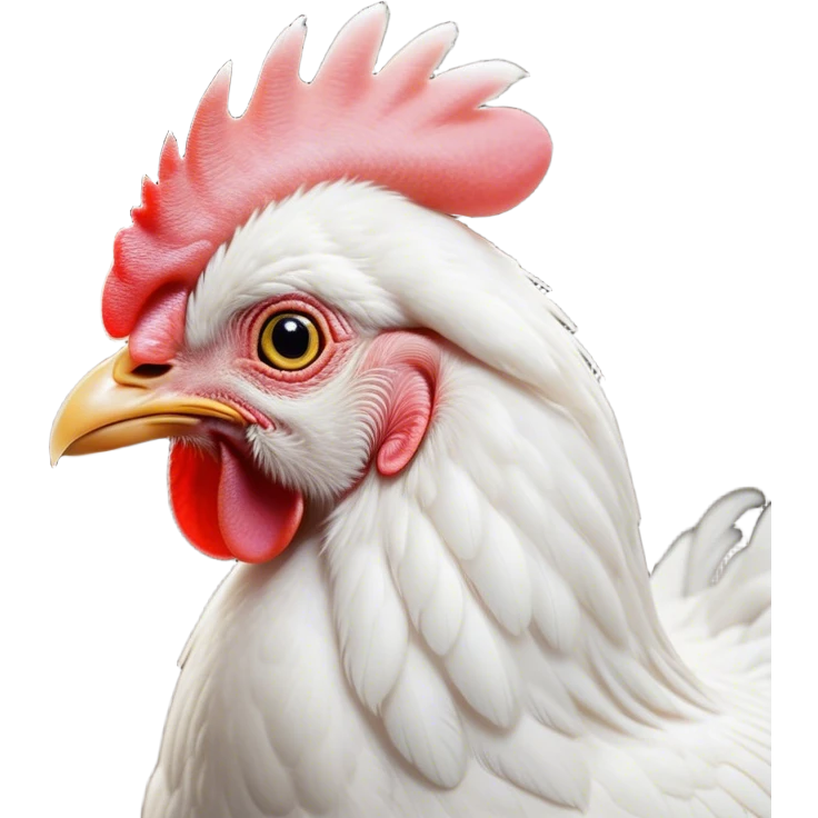 Cinematic Noble White Chicken Portrait Emoji, Poised and regal, with a compact, sturdy build and a pristine, well-groomed pure white plumage, deep-set soulful beady eyes, Simplified yet sharp and sophisticated features, highly detailed, glowing with a soft, dignified glow, high shine, intelligent and alert, stylized with an air of barnyard elegance, focused and attentive, soft glowing outline, capturing the essence of a watchful and confident fowl, so majestic it feels as though it could strut out of the screen with effortless authority! emoji