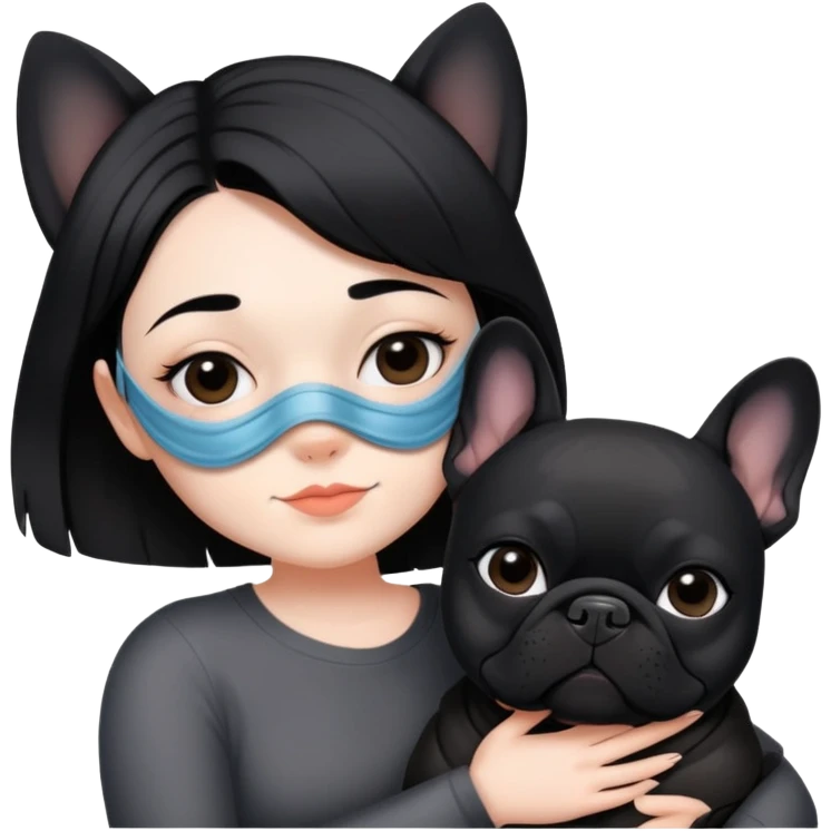 girl with short black straight hair wearing a mask and hugging a black French bulldog emoji