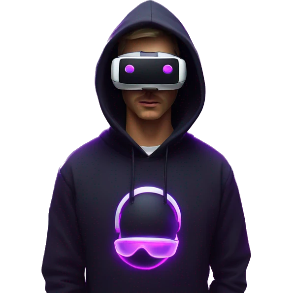 Russian man wearing a black hoodie with "OMG" letters on it and VR headset in a cyberpunk VR environment with violet neon lighting. emoji