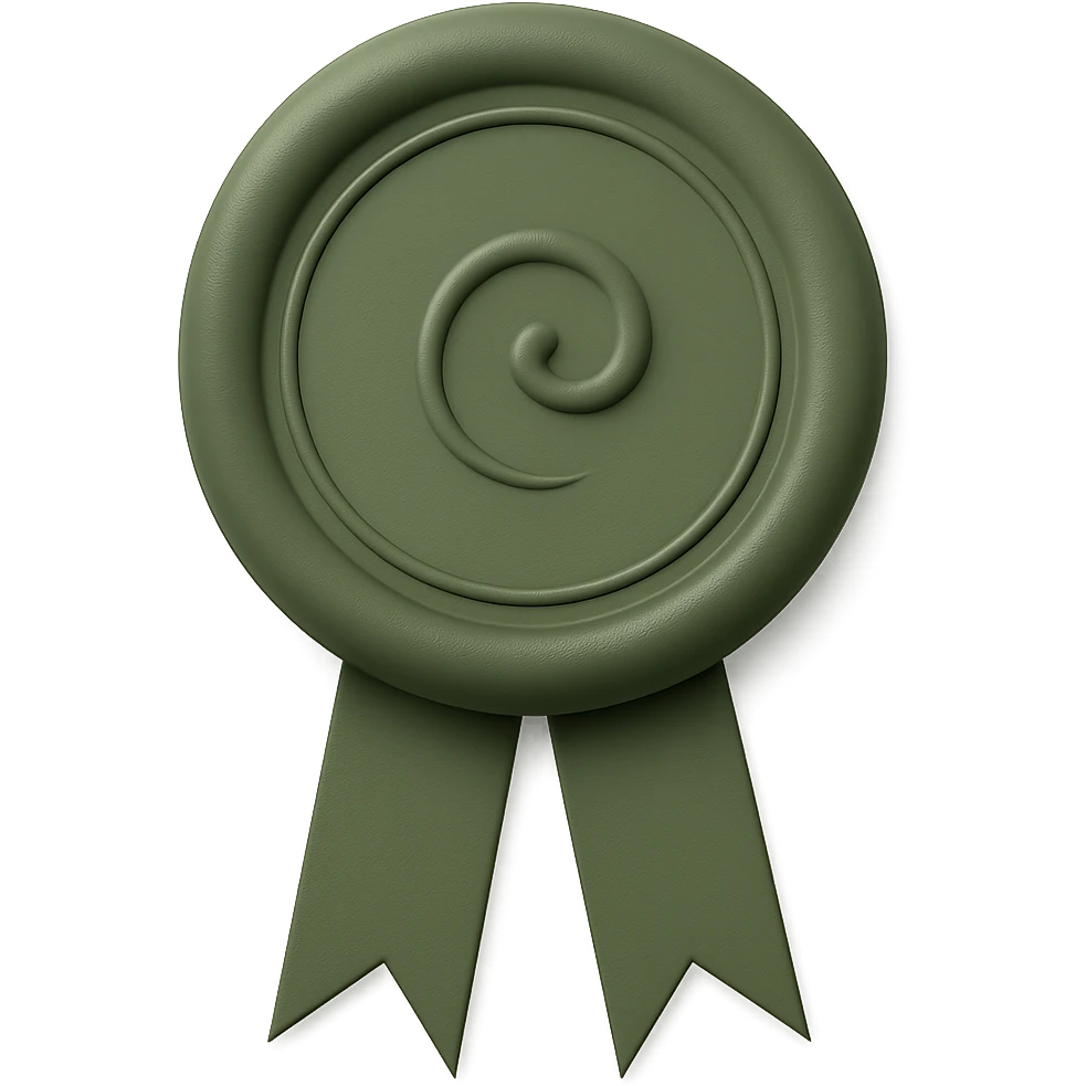 Add a minimalistic decorative ribbon underneath the green wax seal. Keep the background transparent. Maintain the style and look of the original image. emoji