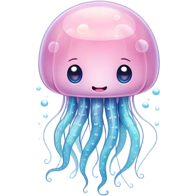 Cinematic floating kawaii jellyfish, tiny round body, soft glowing tentacles, pastel pink and blue hues, delicate sparkling highlights, dreamy and adorable. emoji