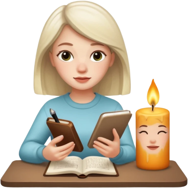 white-skinned 20-year-old woman, attractive, journaling with scented candle by her side, iPhone memoji style emoji