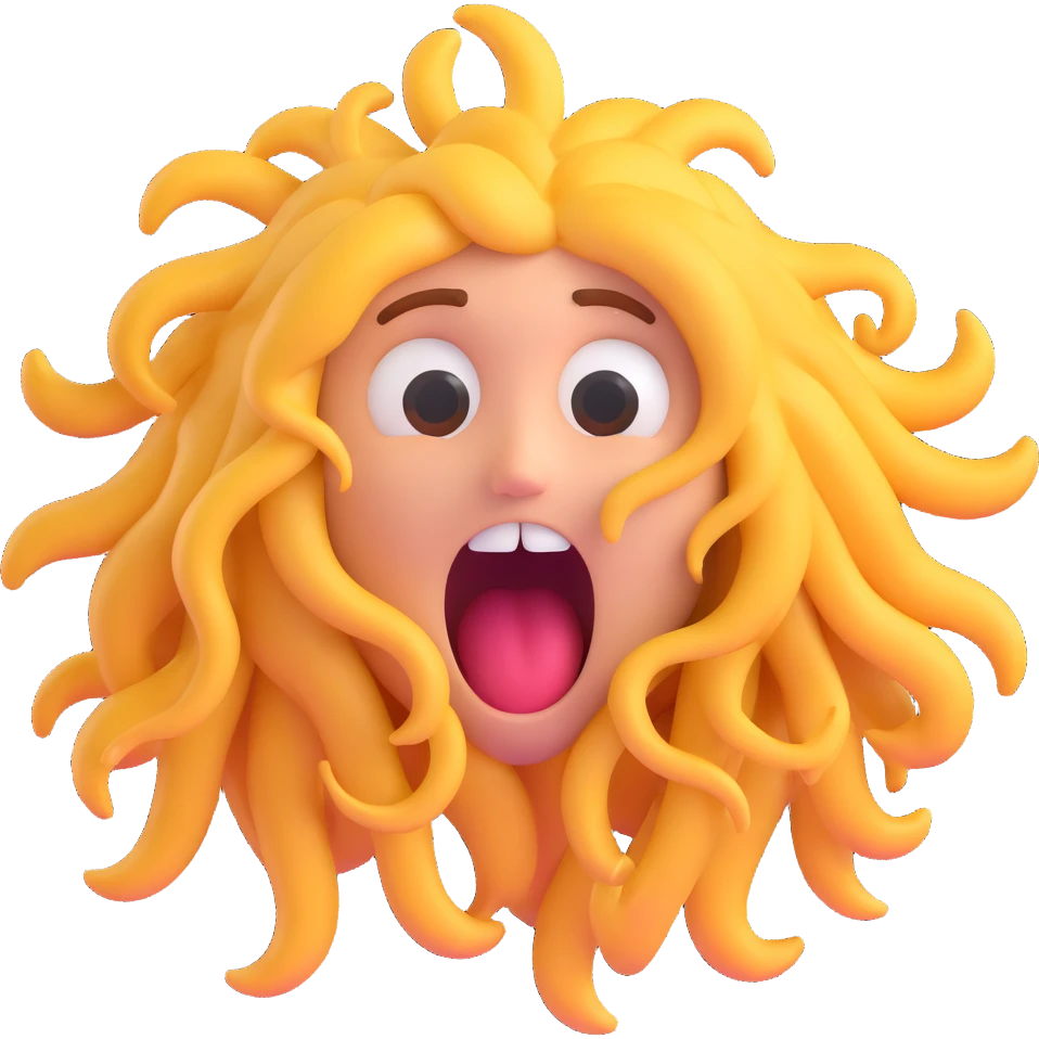 emoji with tangled hair, tired eyes, mouth open in a dramatic scream, showing extreme exhaustion emoji