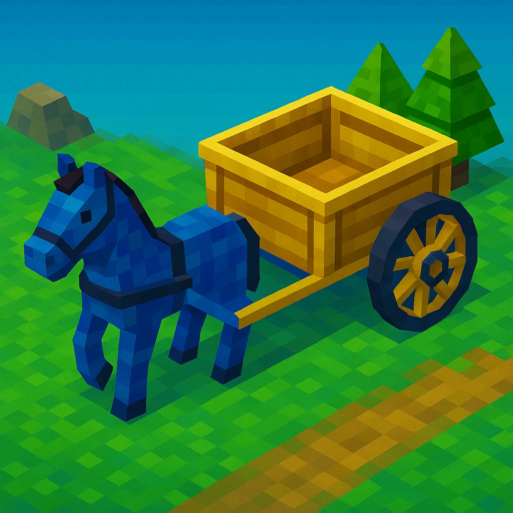 Isometric horse and cart with color variation: blue and gold, keep original style low poly 3d. emoji