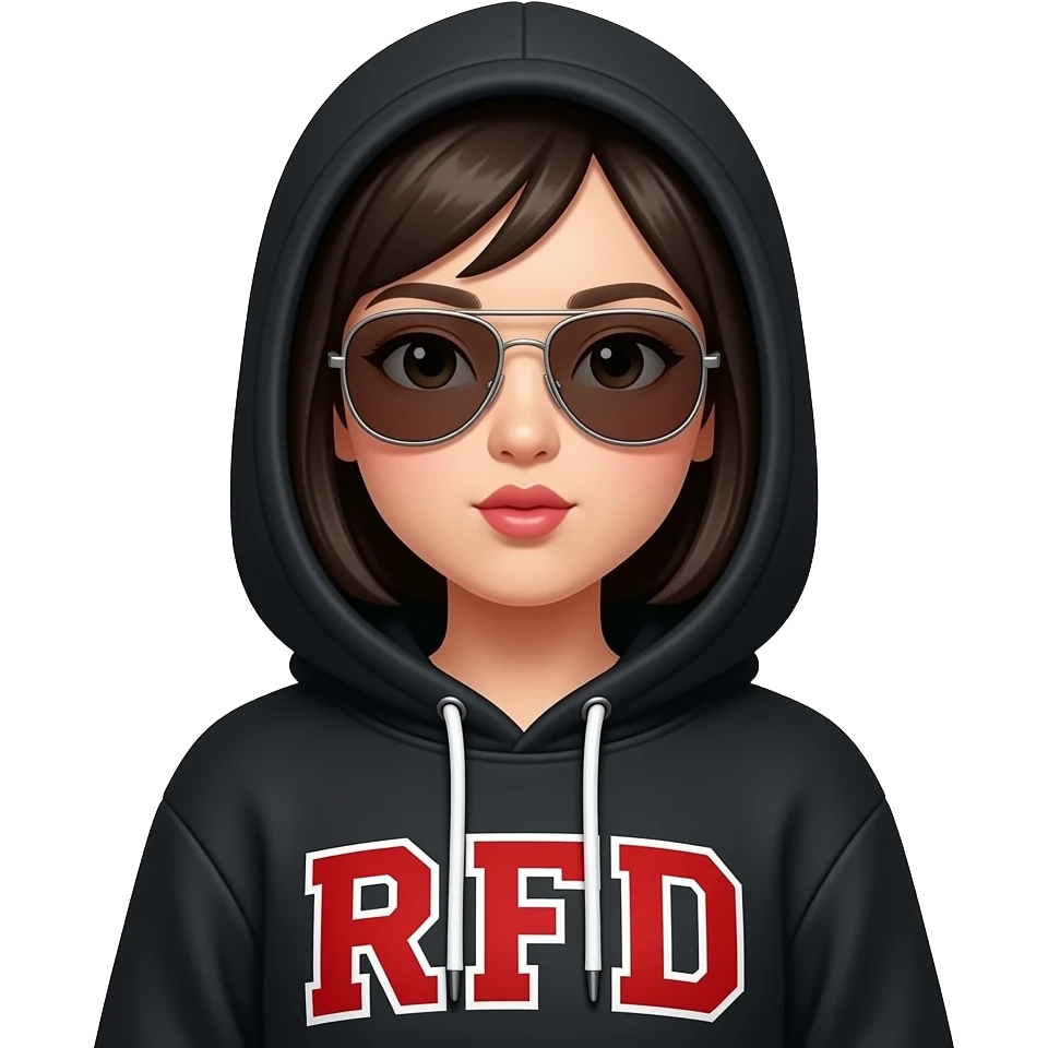 Asian girl with black hoodie with initials “RFD” in large red font, with hoodie up, wearing aviator sunglasses, pouting emoji