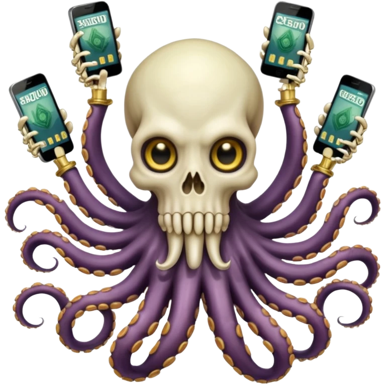 satanic octopus skeleton. Evil looking eyes, wearing a gold necklace. 2 tentacles are holding their own cellphones with one held up to its ear, 2 other tentacles are holding stacks of money emoji