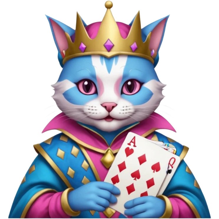 court jester cat medieval, poker cards, pink and blue emoji