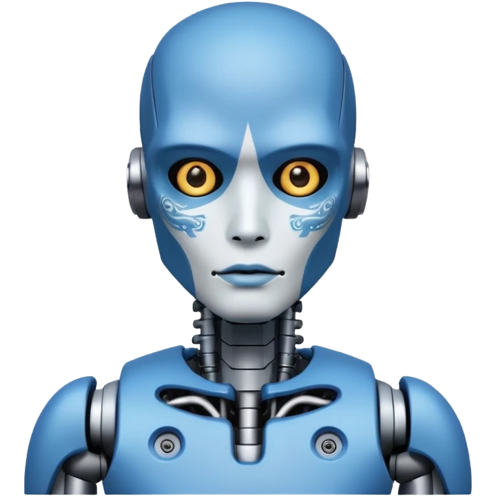 blue Tatooed robot, big many tatooes on chest, neck and face, white tatoo on face emoji