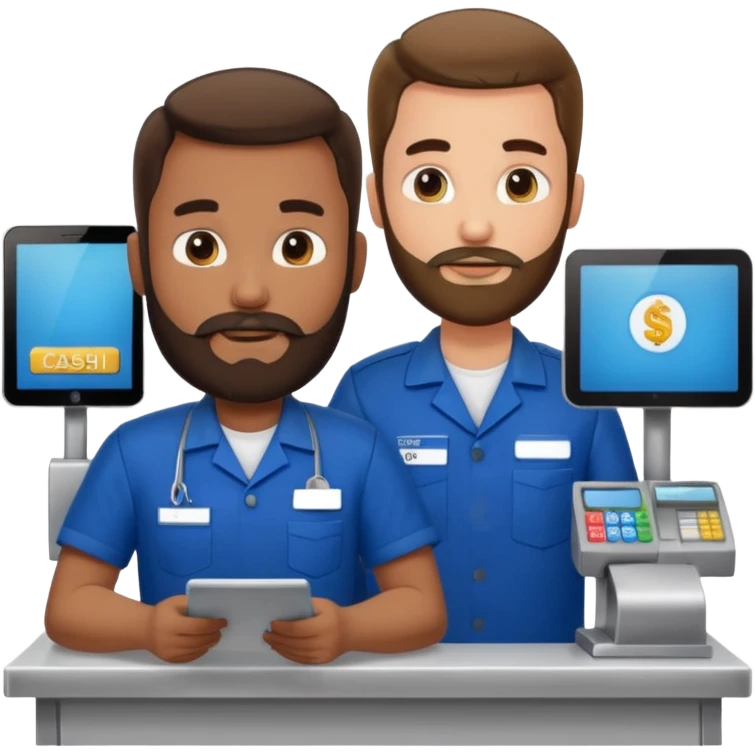 Supermarket employee at a cash register, full body, serving a man emoji