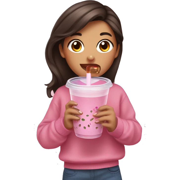 Brunette girl in a pink sweater drinking bubble tea emoji
