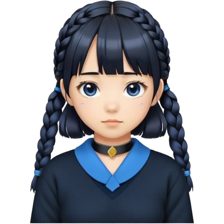 A Japanese girl with double braids and bangs wearing a black sweater with a blue collar emoji
