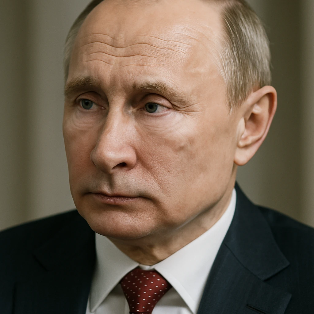 highly realistic portrait of Vladimir Putin, looking thoughtful, detailed facial features, photorealistic style emoji